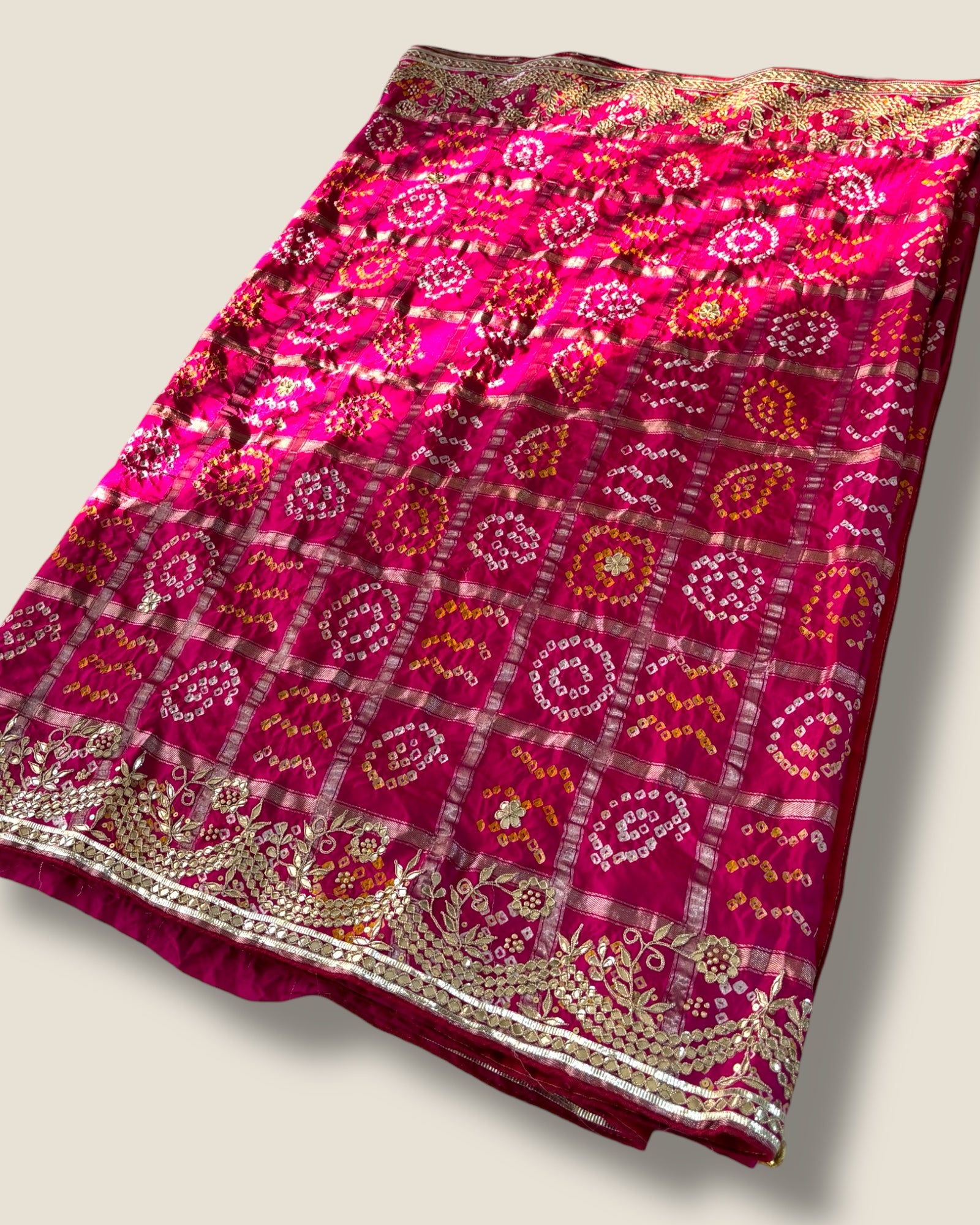 Women’s Pink Bandhej Saree with Golden Zari Border – Modal Gaji Silk – Lfariya Fashion