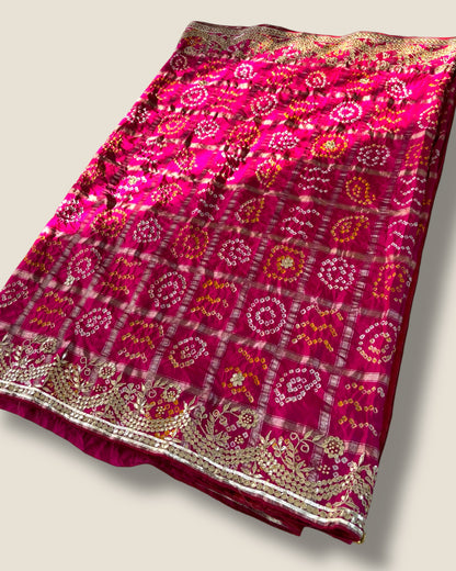 Women’s Pink Bandhej Saree with Golden Zari Border – Modal Gaji Silk – Lfariya Fashion