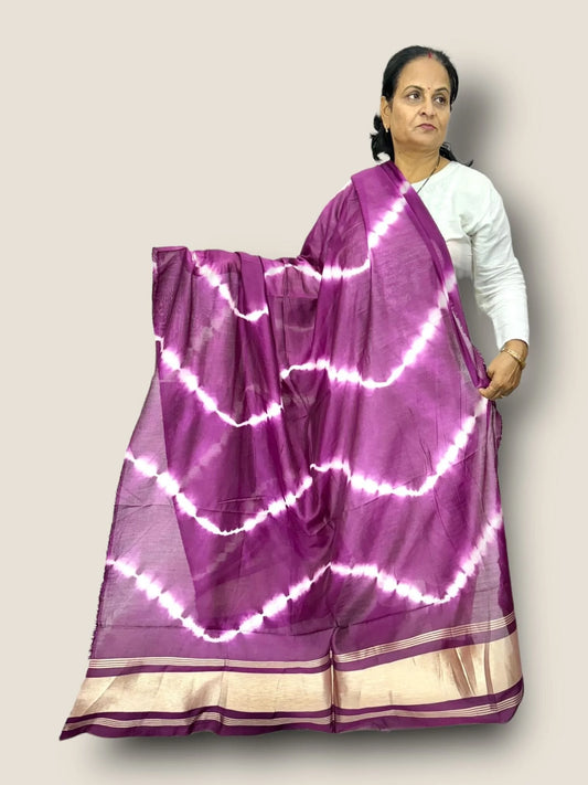 Rajasthnai Handmade Chanderi Leheriya Dupatta with Golden Patta