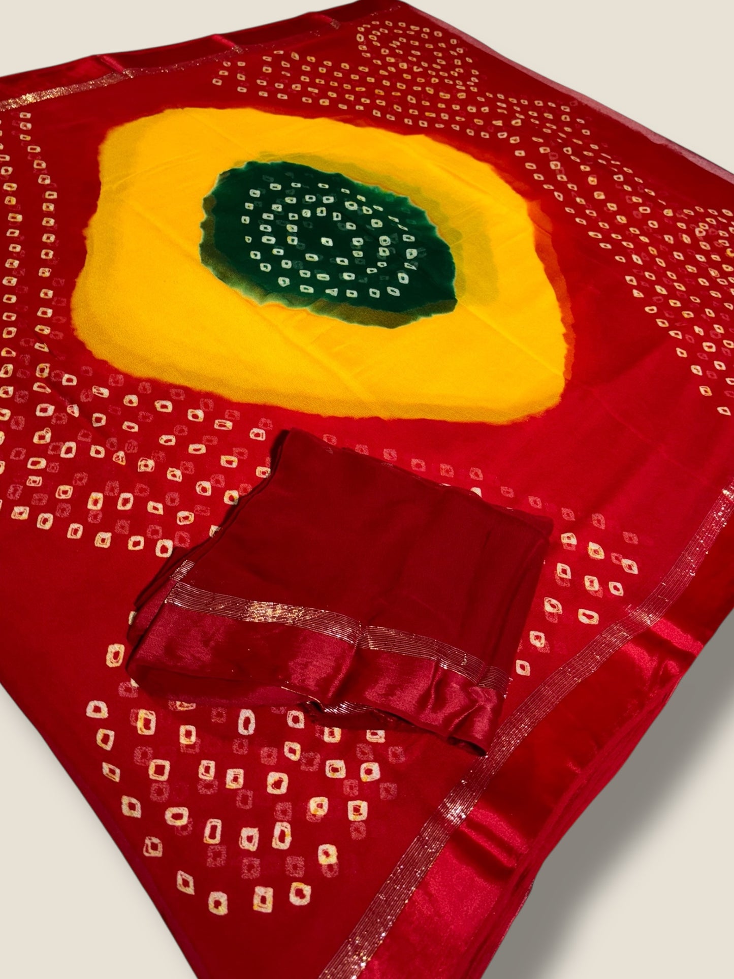 Pure Georgette Bandhani & Batik Saree with Resham Border – Lfariya Fashion