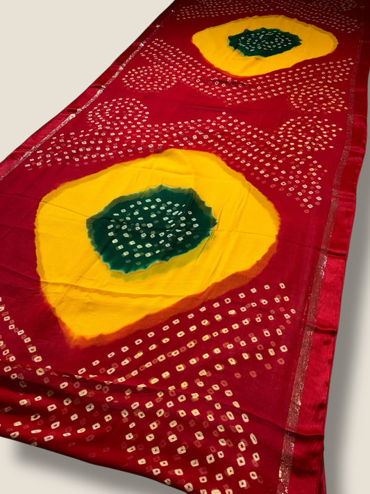 Pure Georgette Bandhani & Batik Saree with Resham Border – Lfariya Fashion