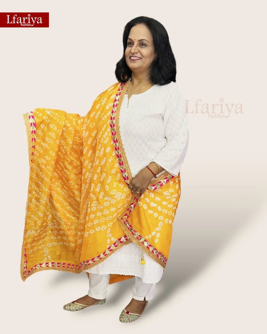 Handmade Bandhani Tone to Tone Gota Patti Lace Dupatta