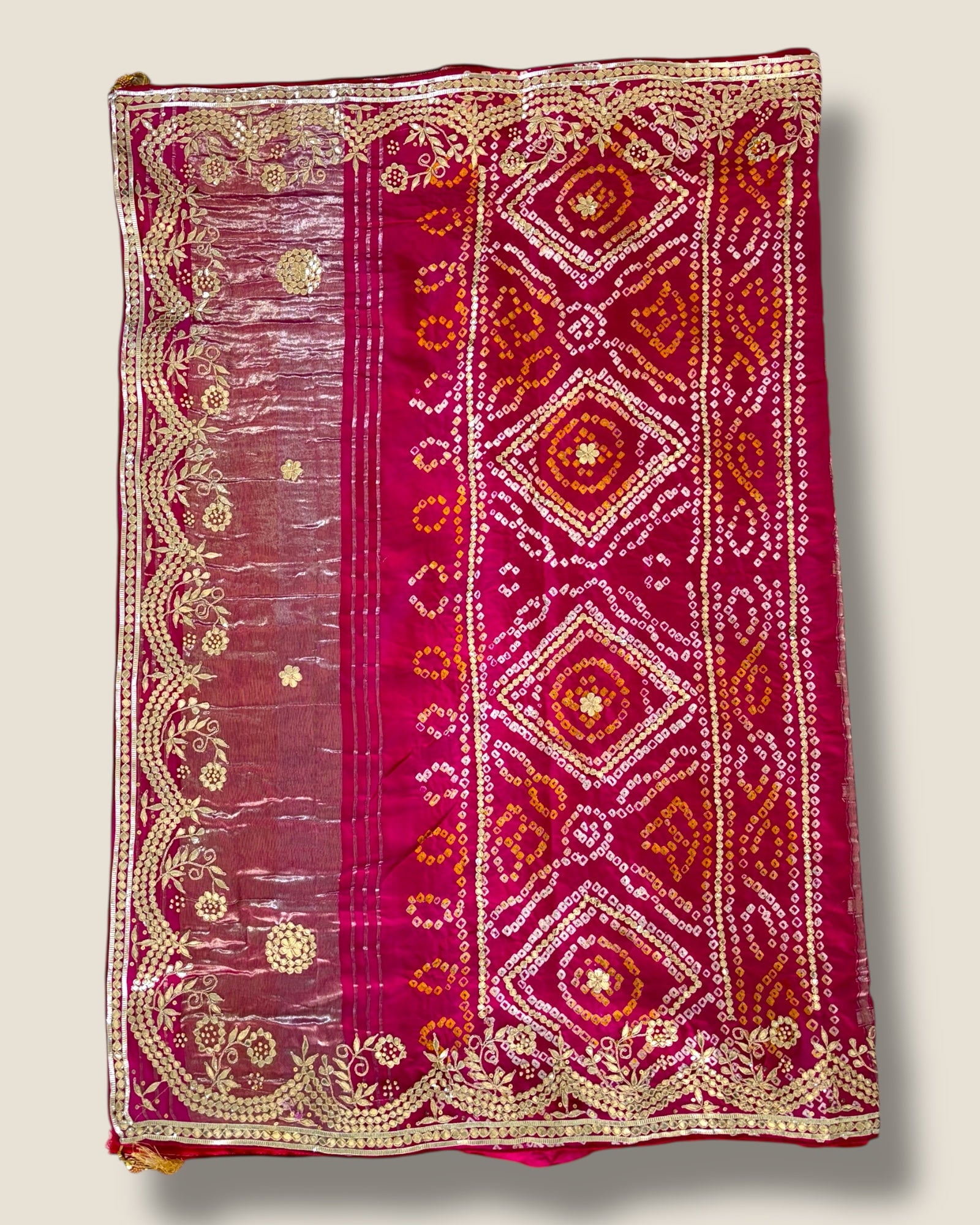 Traditional Rajasthani Bandhani Saree in Modal Gaji Silk with Golden Zari Border – Buy from Lfariya Fashion