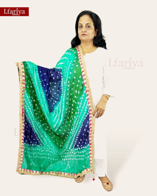 Rajasthani Silk Bandhani Multi-Colored Heavy Dupatta with Pink Gota Work and latkan
