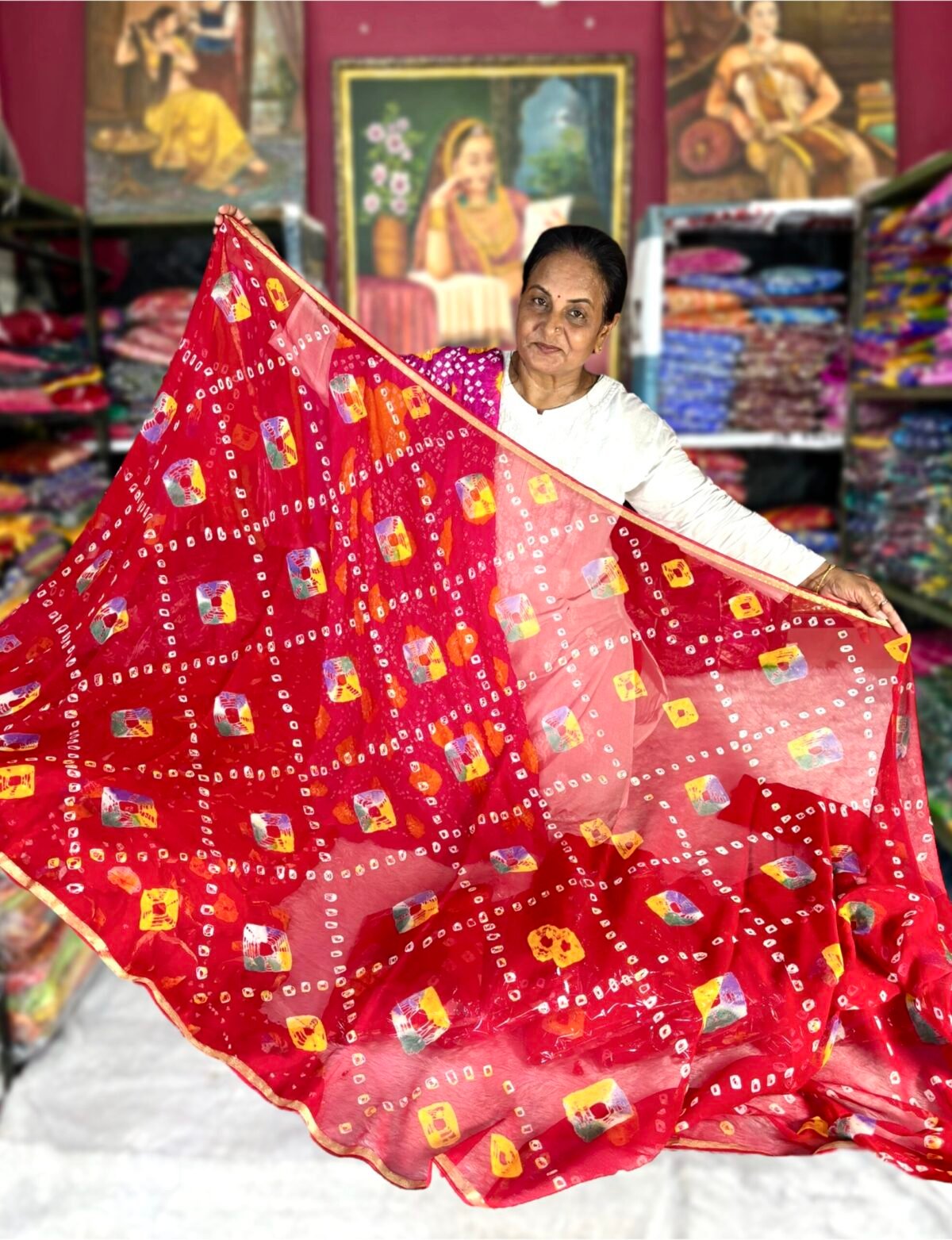 Pure Georgette Bandhani & Batik Saree With Same Color Blouse Piece - Image 1