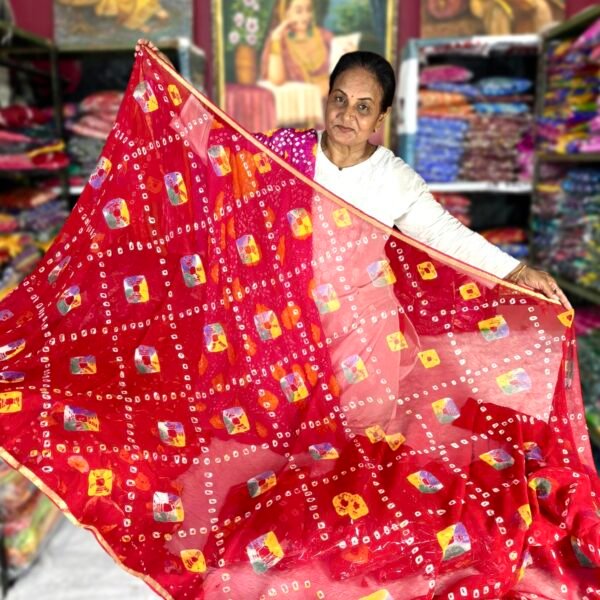 Pure Georgette Bandhani & Batik Saree With Same Color Blouse Piece